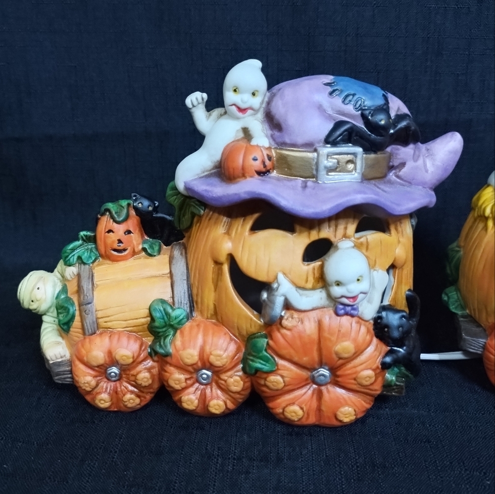 Vintage Ceramic Spooky Halloween Pumpkin Jack O Lantern Train String Lights - Picture 5 of 12